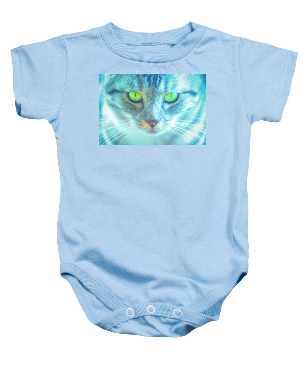 Cat Baby Onesie featuring the photograph By The Light of a Cat by Bonnie Follett