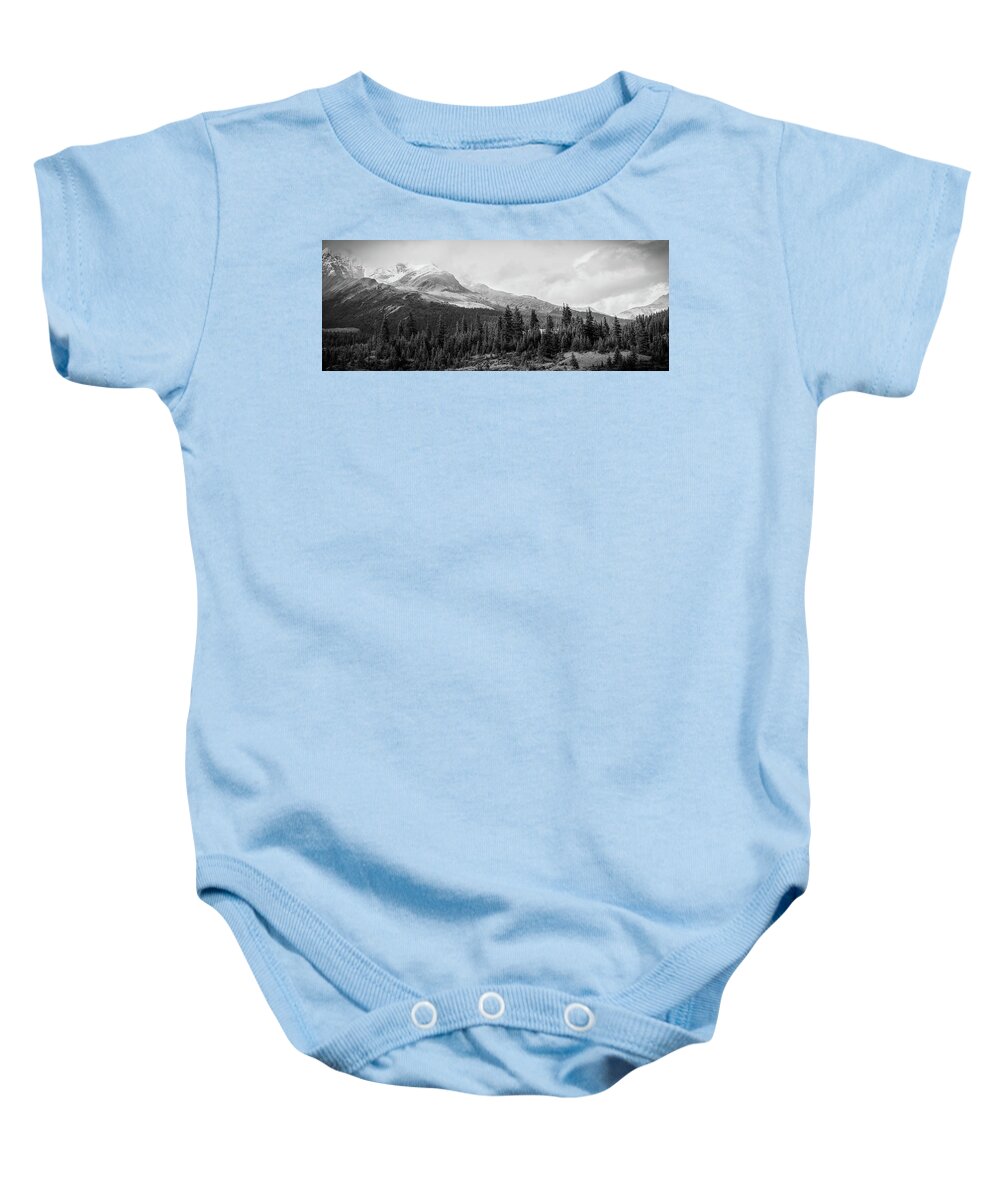 Mountain Landscape Panorama Baby Onesie featuring the photograph Canadian Rockies Panorama Black And White by Dan Sproul