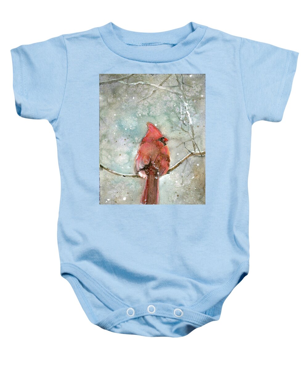 Cardinal Baby Onesie featuring the painting Cardinal in winter by Rebecca Matthews
