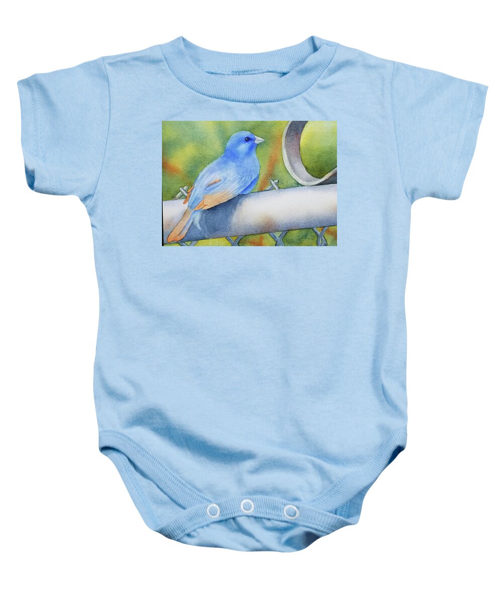 Bird Baby Onesie featuring the painting Chain Link Perch by Judy Mercer