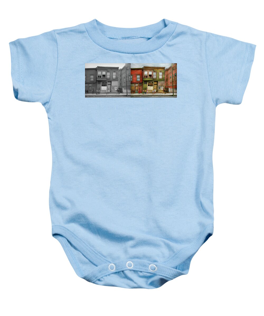 Chicago Baby Onesie featuring the photograph City - Chicago, IL - A unique angle at life 1941 - Side by Side by Mike Savad