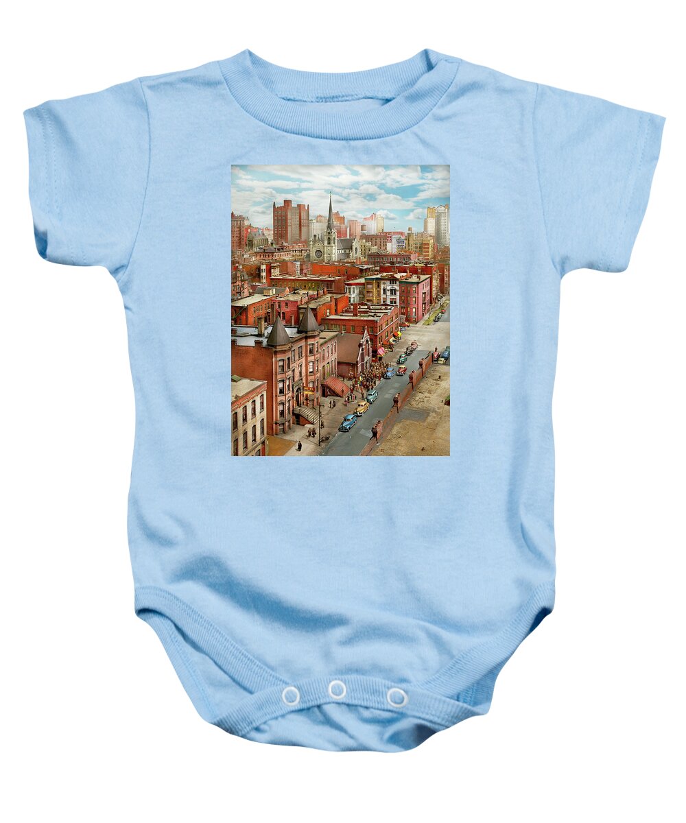 Chicago Baby Onesie featuring the photograph City - Chicago, IL - The Churches of Chicago 1942 by Mike Savad
