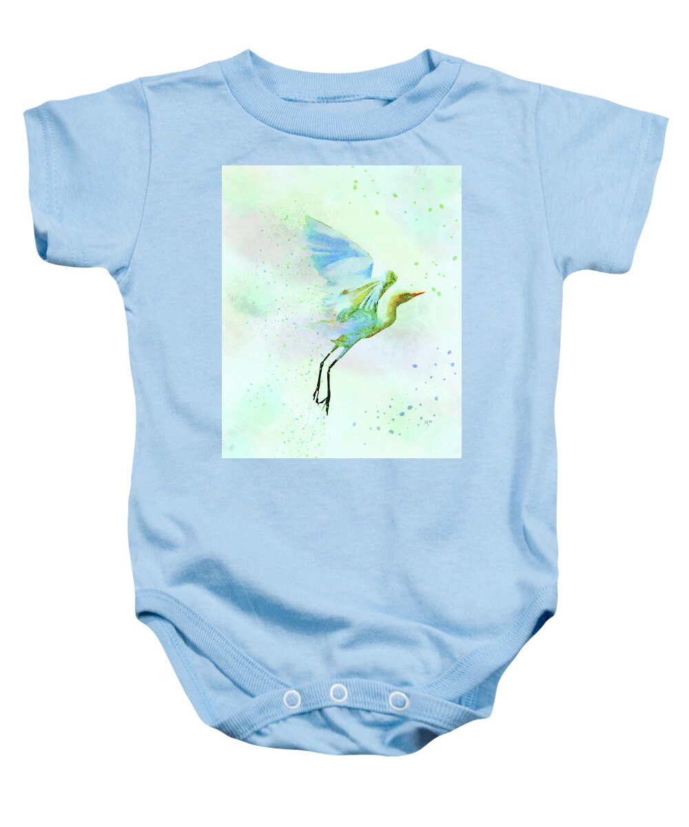 Colorful Baby Onesie featuring the digital art Colorful Crane Watercolor Bird Wildlife Painting by Shelli Fitzpatrick