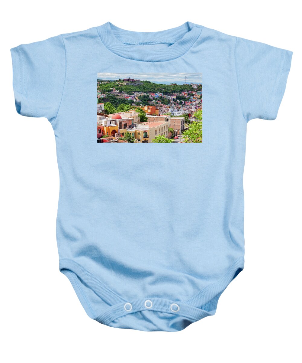 Guanajuato Baby Onesie featuring the photograph Colorful hilltop houses in Guanajuato, Mexico 2 by Tatiana Travelways