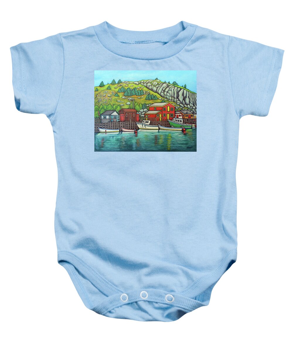 Colorful Baby Onesie featuring the painting Colours of Quidi Vidi, Newfoundland by Lisa Lorenz