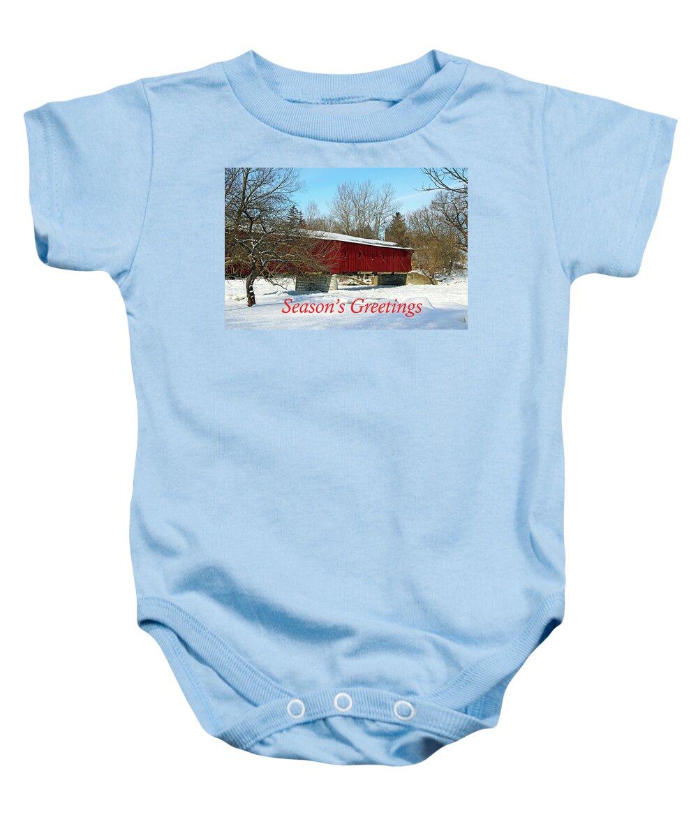 West Montrose Covered Bridge Baby Onesie featuring the photograph Covered Bridge Season's Greetings by Debbie Oppermann