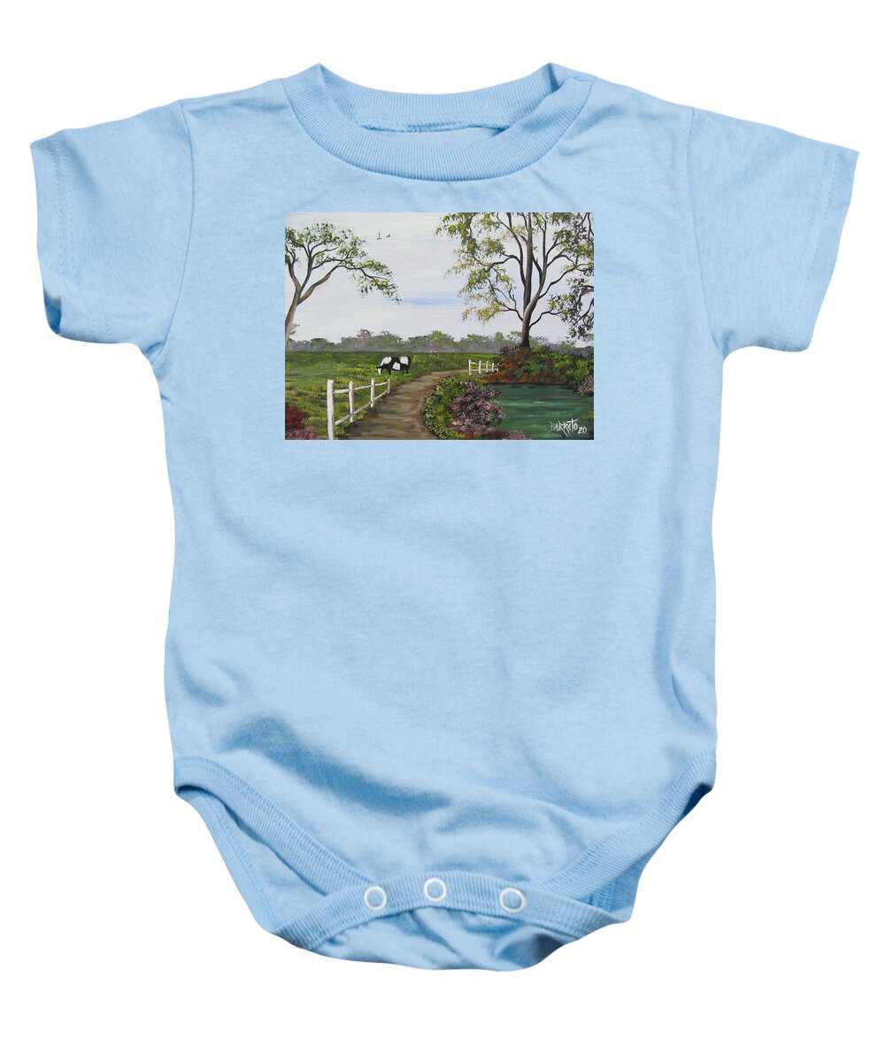 Cow In Pasture Baby Onesie featuring the painting Cow In Pasture by Gloria E Barreto-Rodriguez