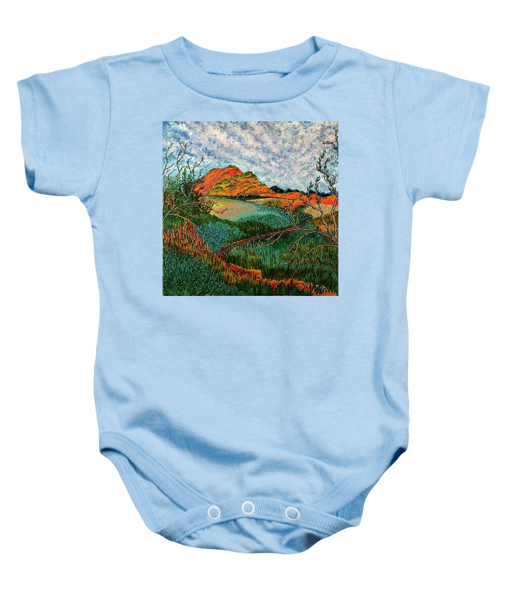 California Dreaming. Santa Susana Pass. The '60s.  The Sixties. The Dream. Baby Onesie featuring the painting Dreaming California. Santa Susana Pass, Los Angeles. by ArtStudio Mateo