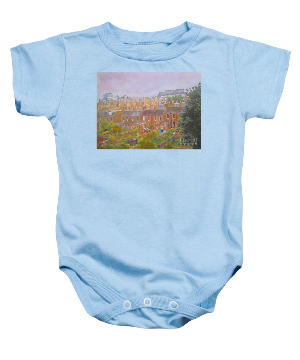 Edinburgh Baby Onesie featuring the painting Edinburgh Castle Skyline by Richard James Digance