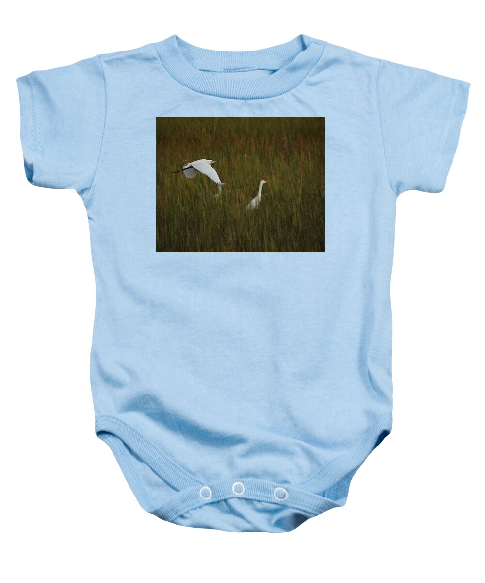 Georgia Baby Onesie featuring the photograph Egrets Fish in the Marshes of Glynn by John Simmons