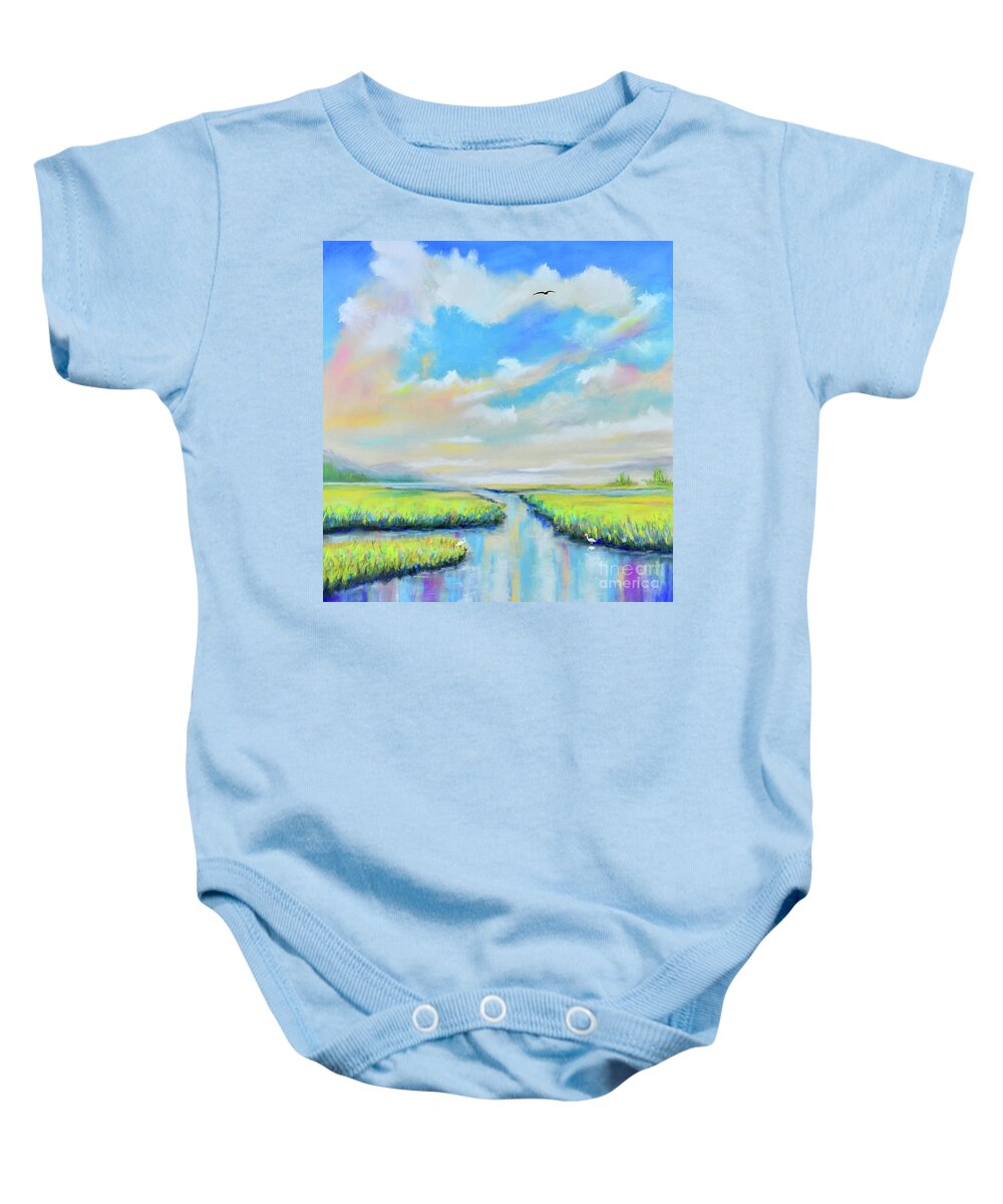 Marsh Baby Onesie featuring the painting Egrets Marsh by Mary Scott
