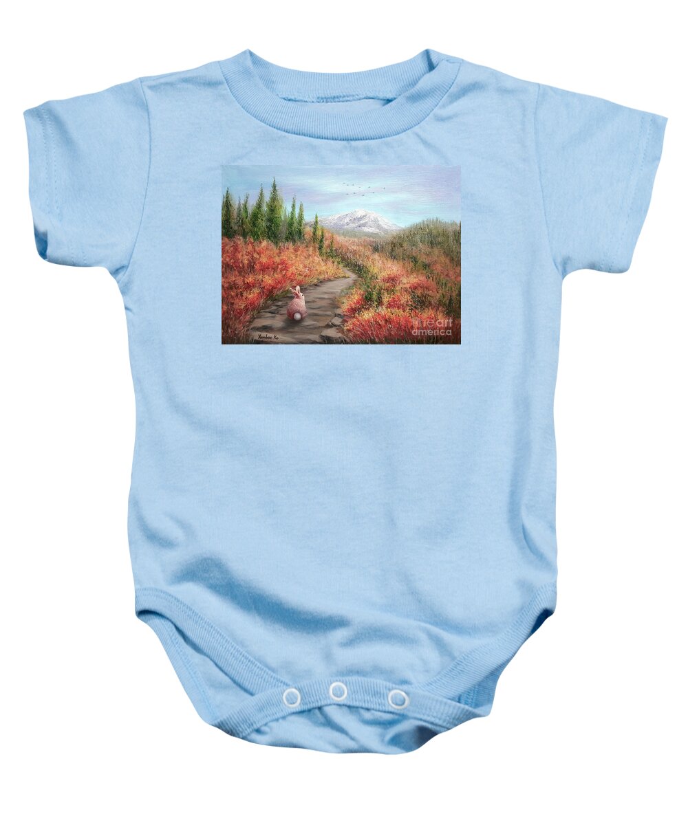 Hiking Bunny Baby Onesie featuring the painting Enter Autumn by Yoonhee Ko