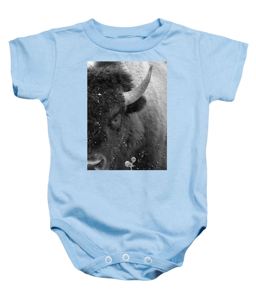 Buffalo Baby Onesie featuring the photograph Eye of the Bison Monochrome by TL Wilson Photography by Teresa Wilson
