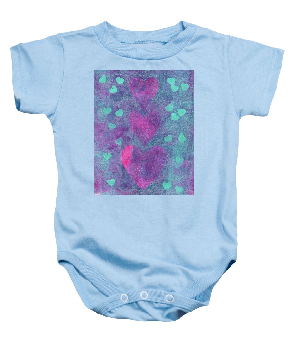 Heart Baby Onesie featuring the painting Family of hearts in aqua by Karen Kaspar