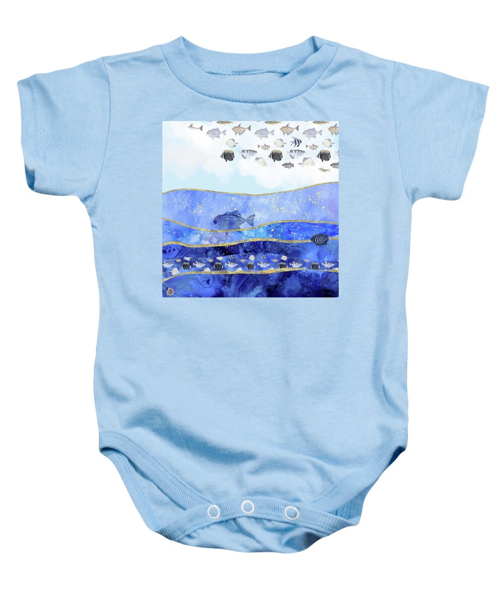 Climate Change Baby Onesie featuring the digital art Fish in the Sky - Surreal Climate Change by Andreea Dumez