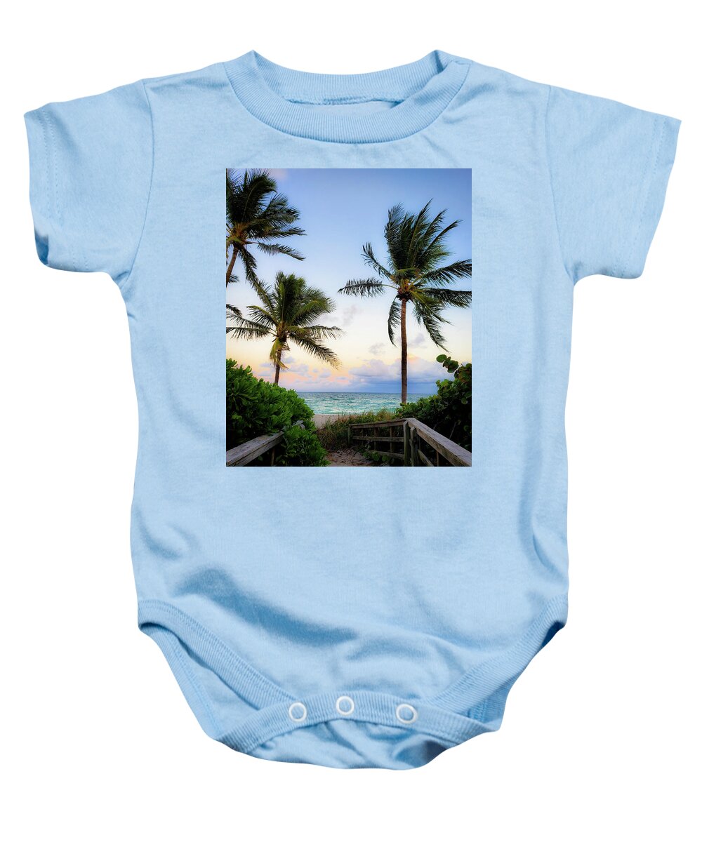Sunset Baby Onesie featuring the photograph Palms at Dusk by Andrea Whitaker