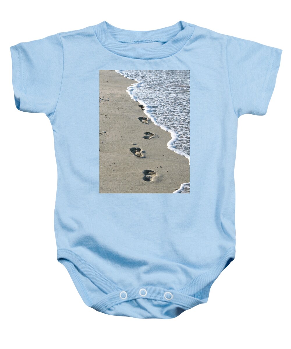 Meditative Baby Onesie featuring the photograph Footprints in the Sand by Alex Mir