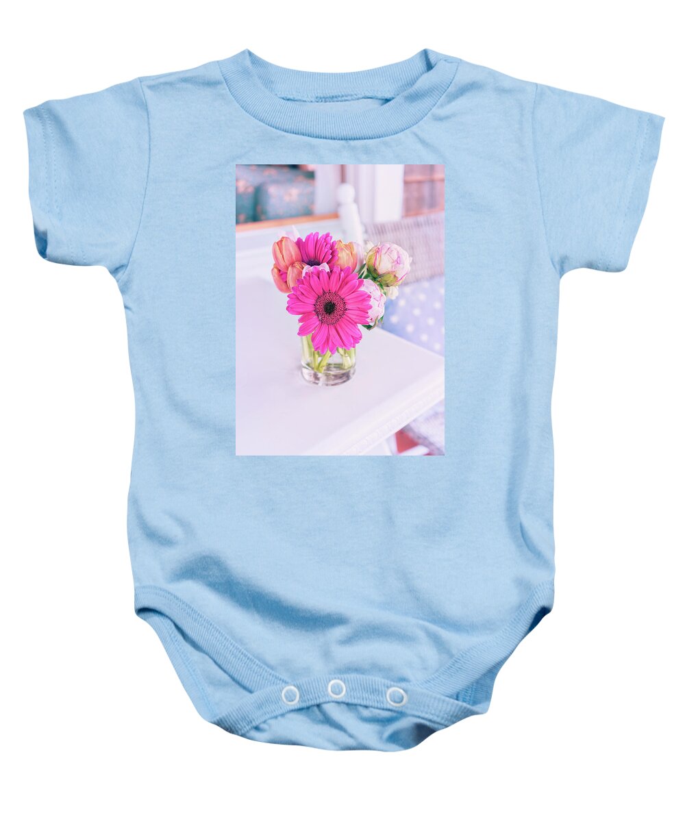 Gerbera Daisy Baby Onesie featuring the photograph Front Porch Flowers 2 by Marianne Campolongo