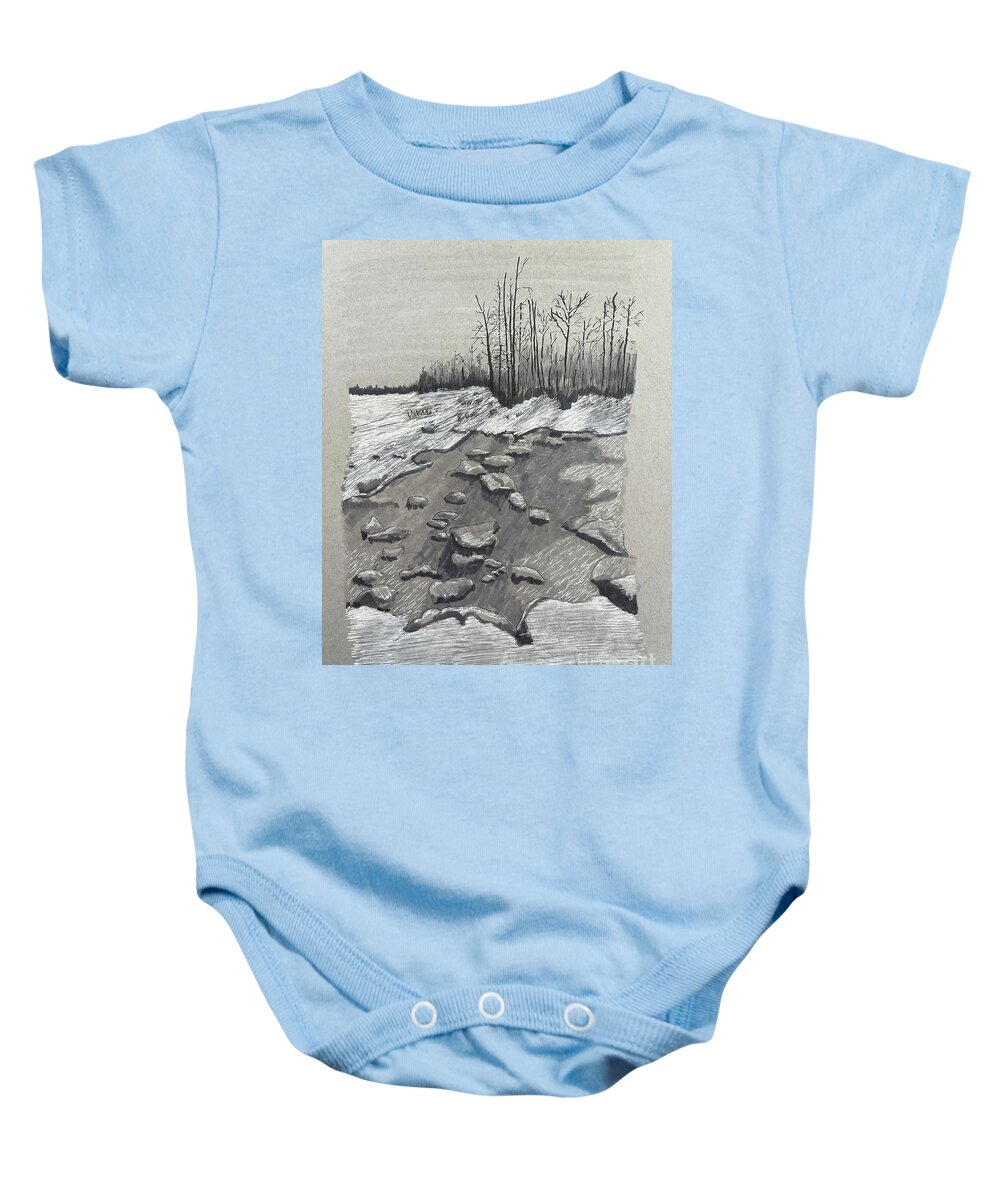 Landscape Baby Onesie featuring the drawing Frozen Creek Bed by Thomas Janos