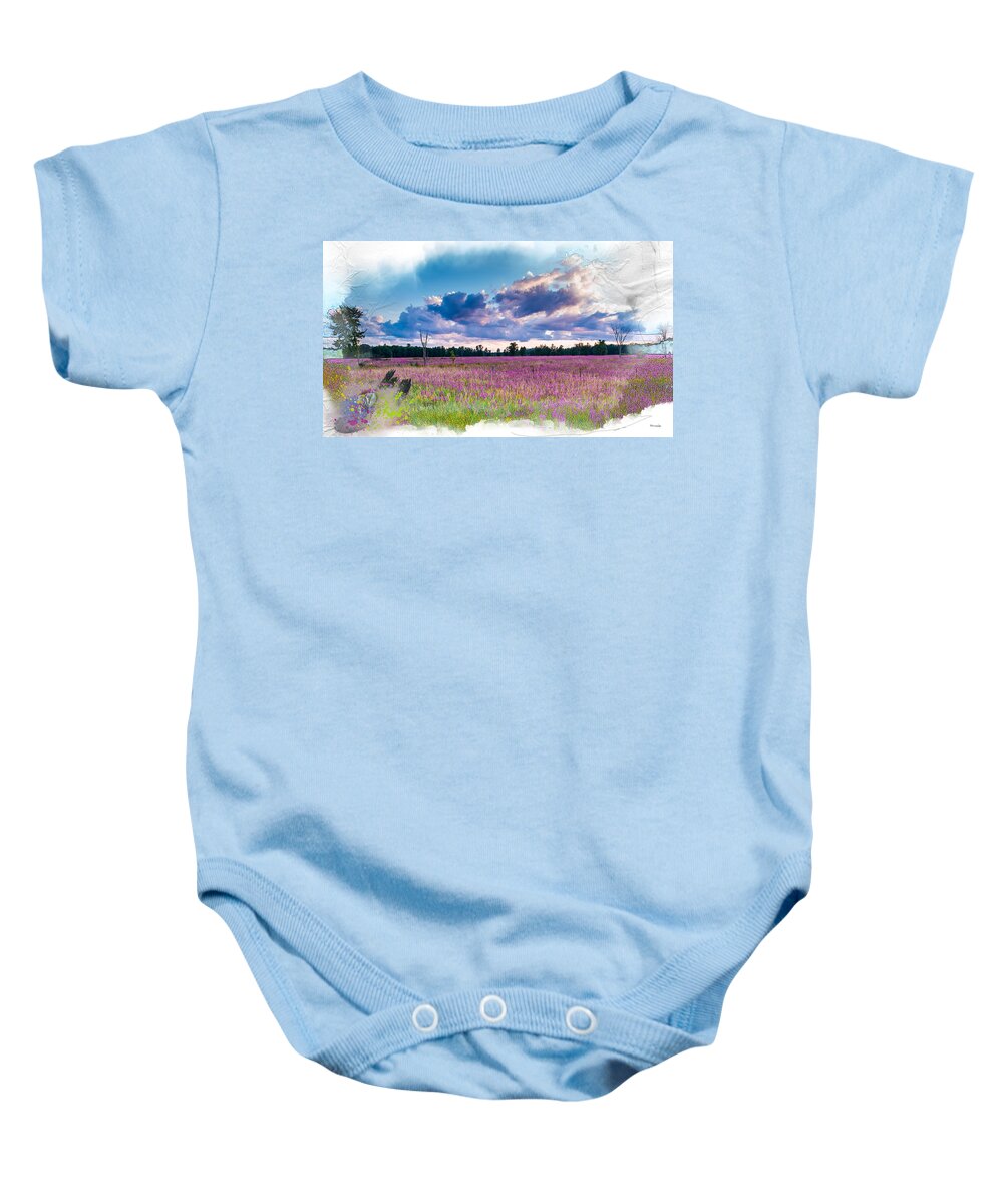 Landscape Baby Onesie featuring the mixed media Fuchsia Fields by Moira Law