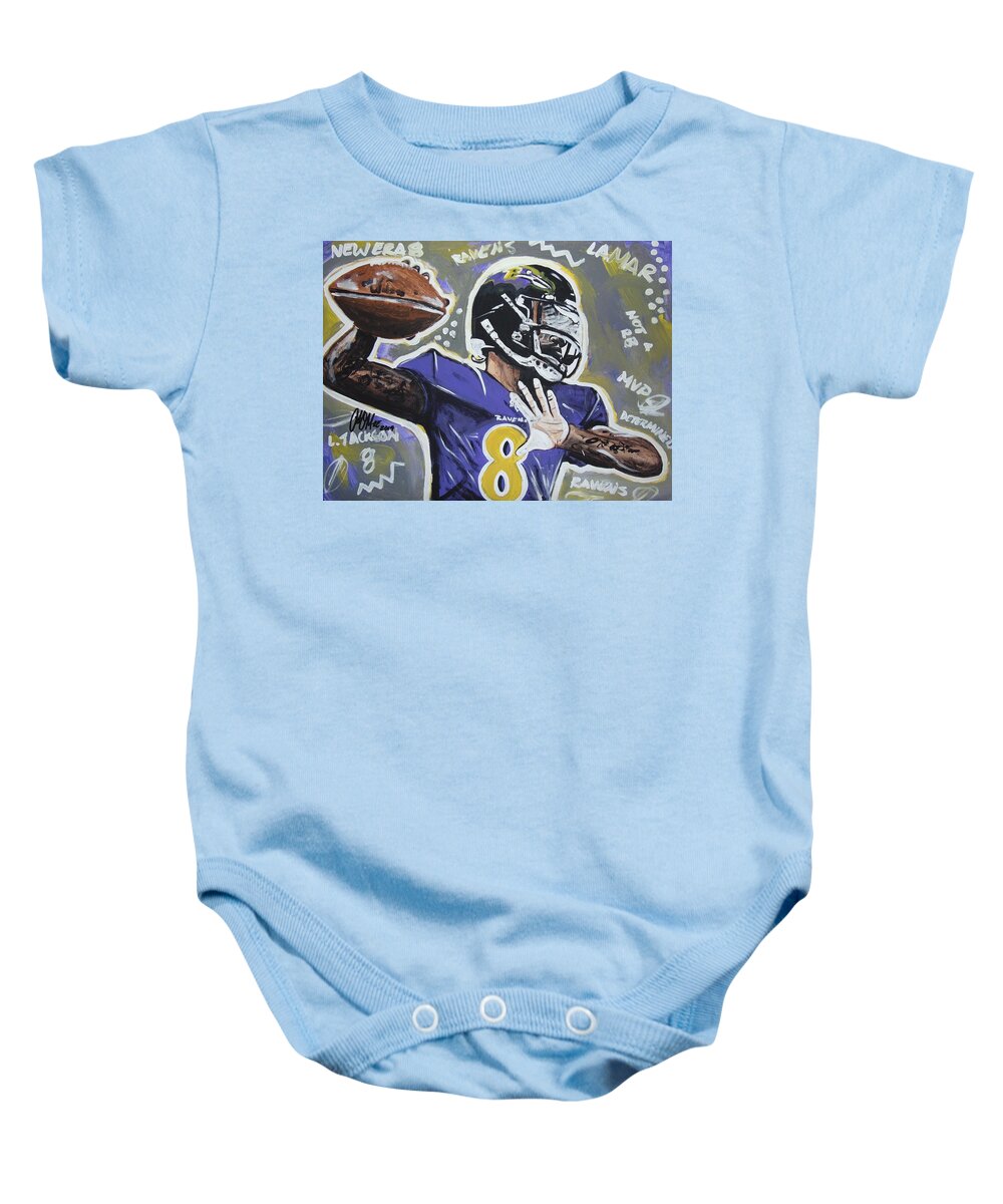 Lamar Jackson Baby Onesie featuring the painting Game Changer by Antonio Moore
