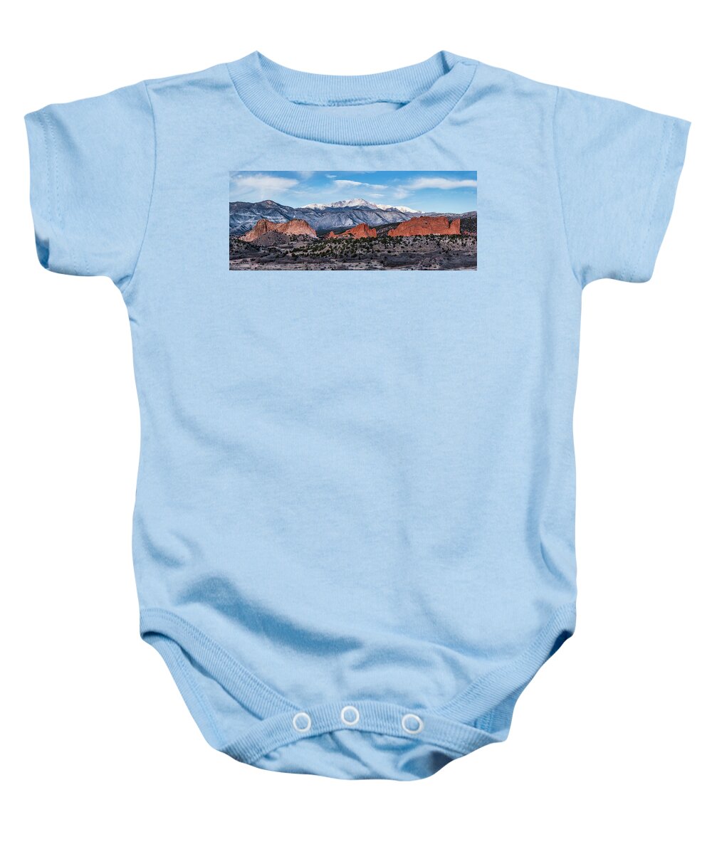 Garden Of The Gods Baby Onesie featuring the photograph Garden of the Gods and Pikes Peak by David Soldano