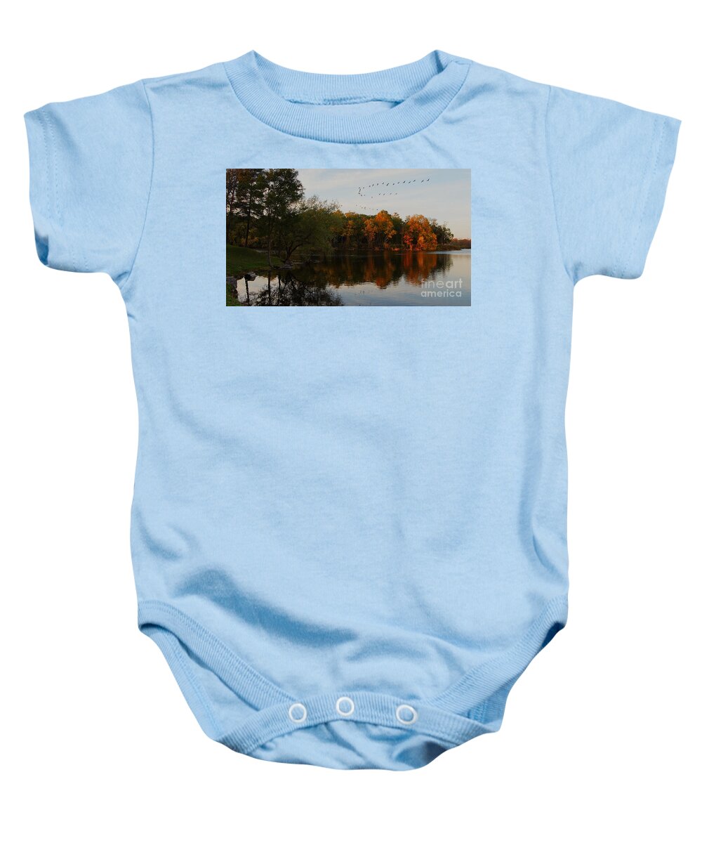Wny Bond Lake Pond Baby Onesie featuring the photograph Geese over Bond Lake by fototaker Tony