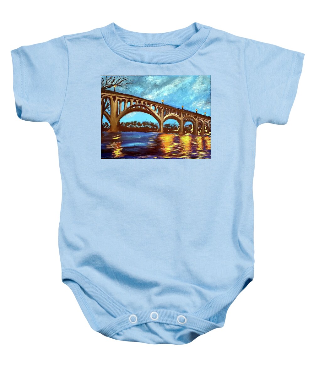 Night Baby Onesie featuring the painting Gervais Street Bridge at Night by Amy Kuenzie