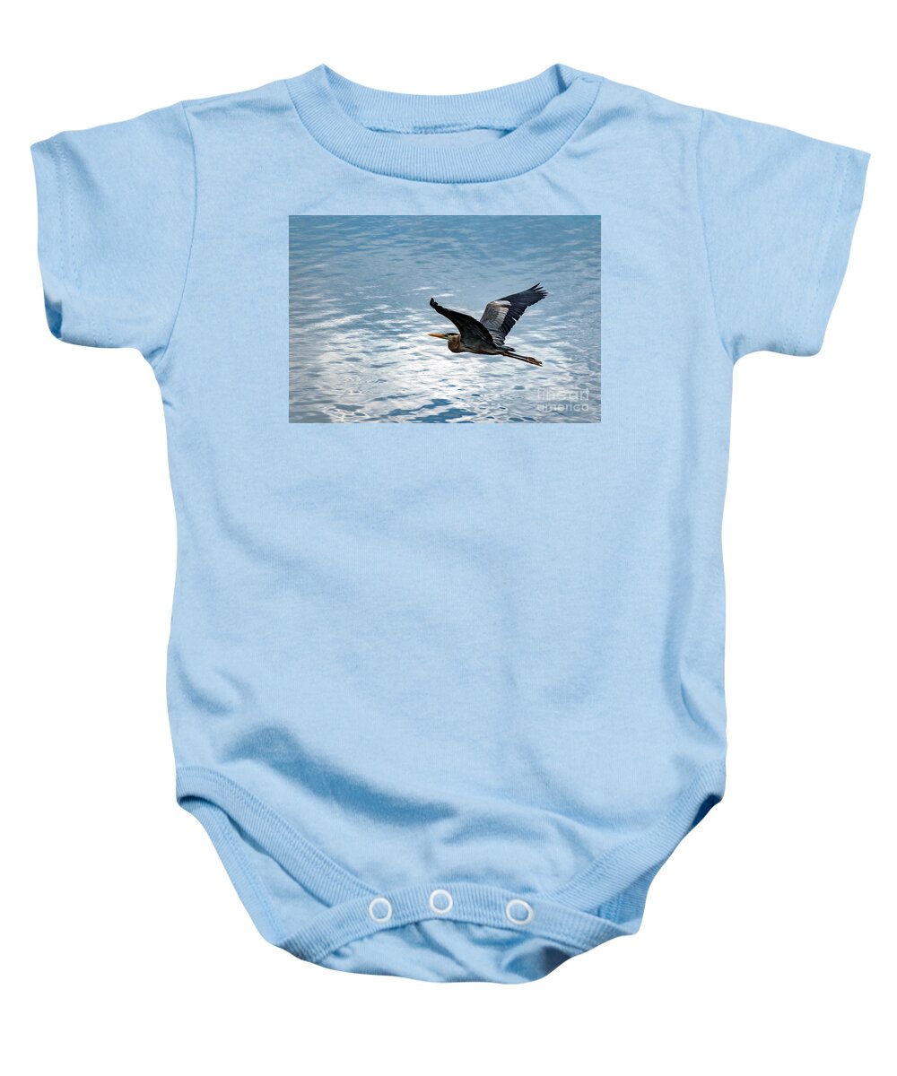 Great Baby Onesie featuring the photograph Great Blue Heron In Flight by Beachtown Views