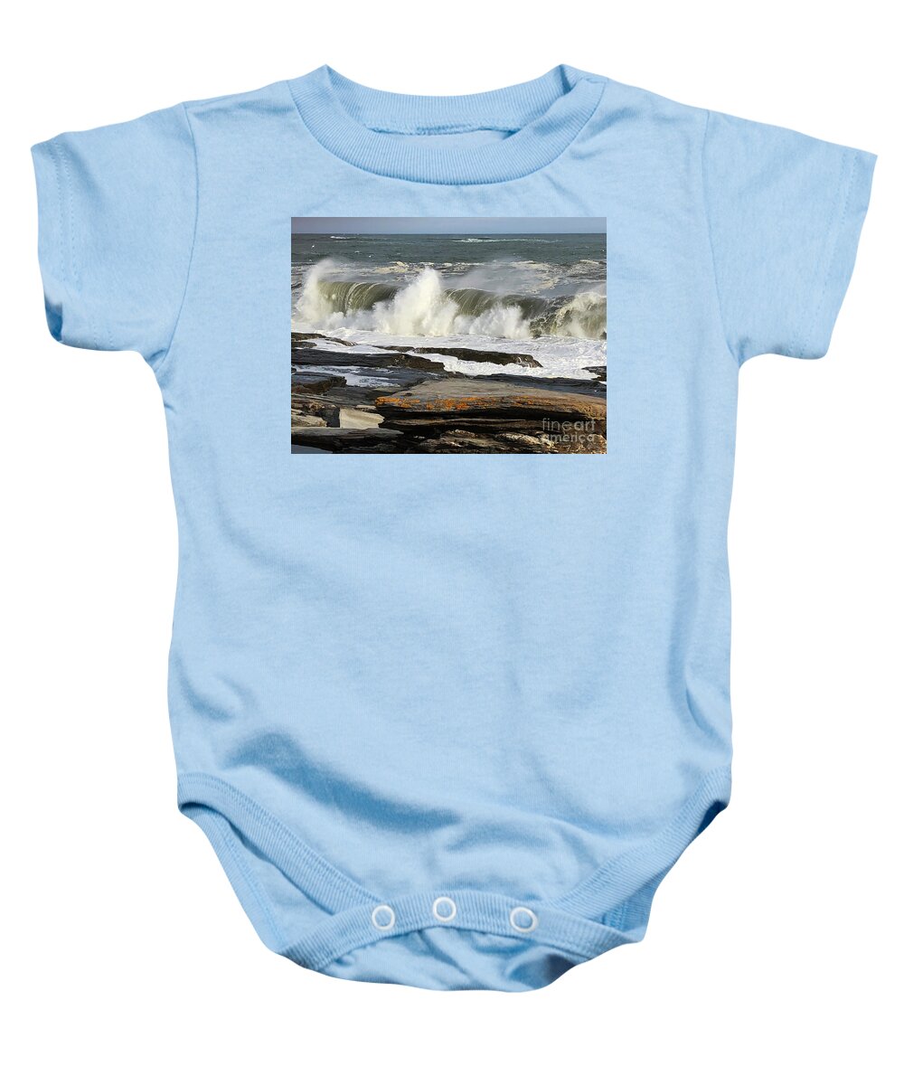 Winter Baby Onesie featuring the photograph High Surf Cape Elizabeth by Jeanette French