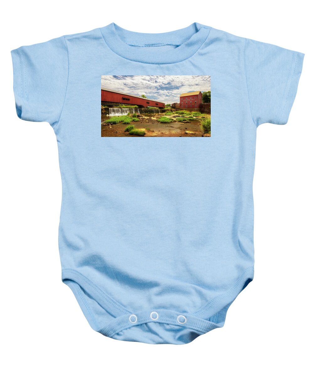 Parke County Baby Onesie featuring the photograph Historic Bridgeton Mill and Covered Bridge - Parke County, Indiana by Susan Rissi Tregoning