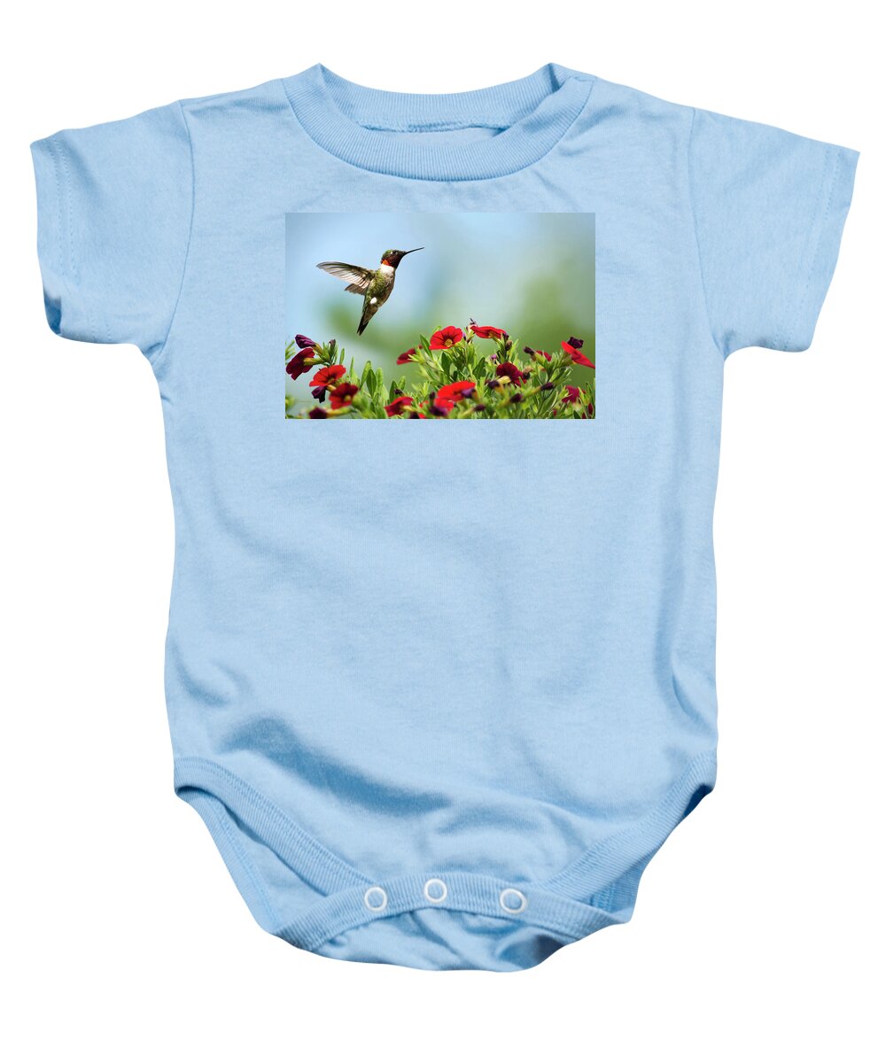 Hummingbird Baby Onesie featuring the photograph Hummingbird Frolic with Flowers by Christina Rollo