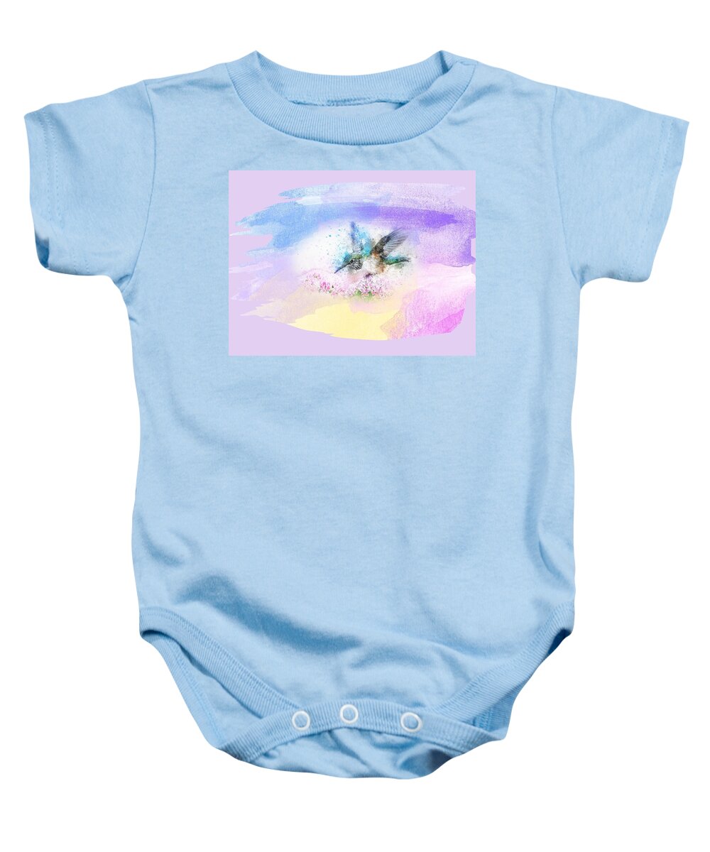 Hummingbird Baby Onesie featuring the mixed media Hummingbird in Clouds Abstract by Nancy Ayanna Wyatt