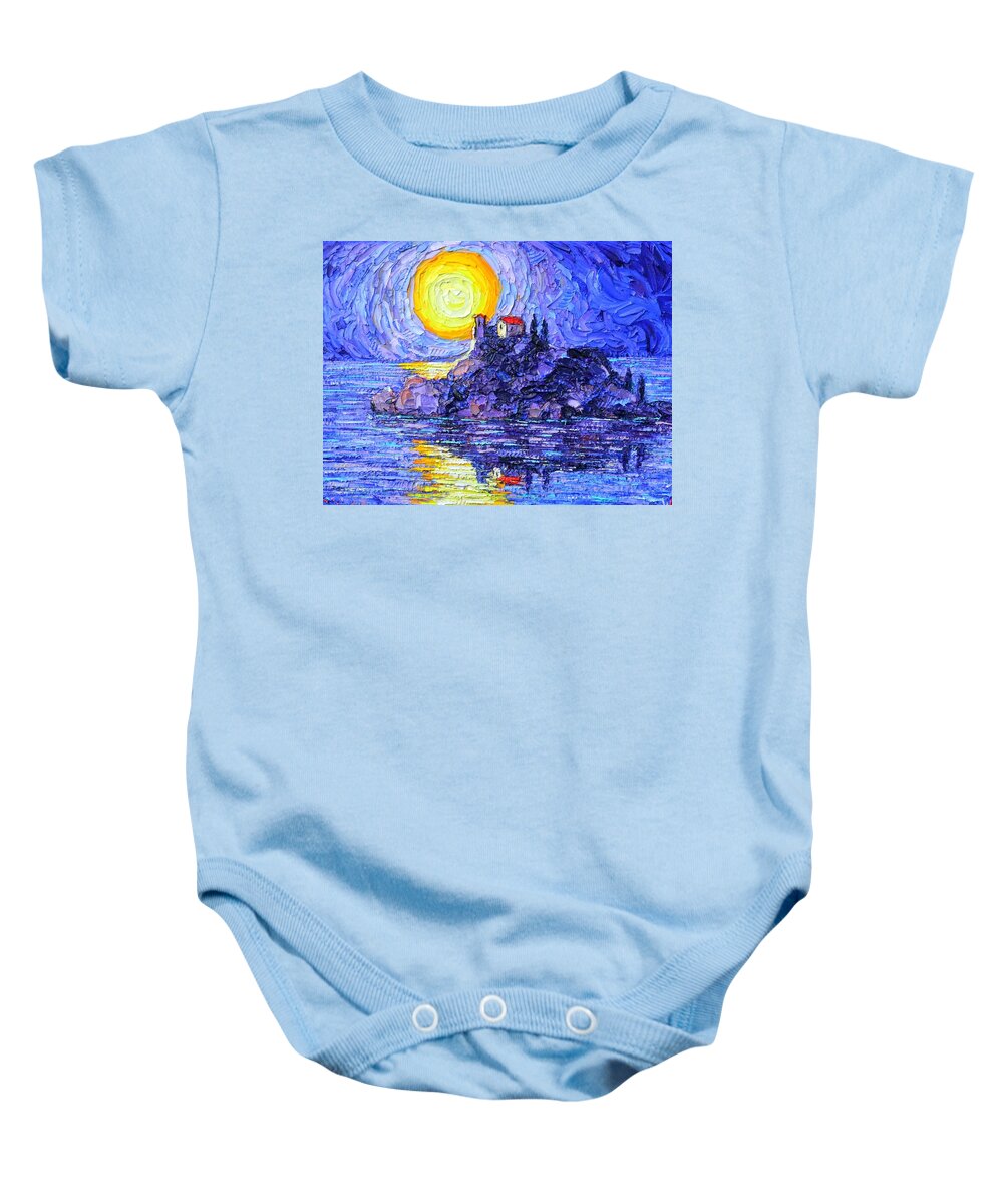 Sicily Baby Onesie featuring the painting ISOLA BELLA BY MOON Italy Sicily island textural impasto palette knife painting Ana Maria Edulescu  by Ana Maria Edulescu