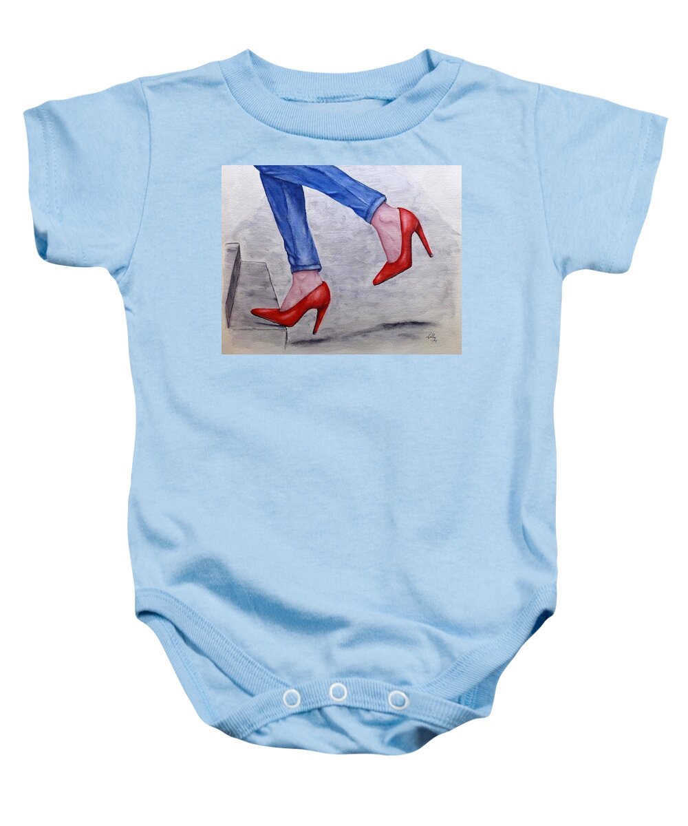 Jeans Baby Onesie featuring the painting Jeans and Red Heels by Kelly Mills