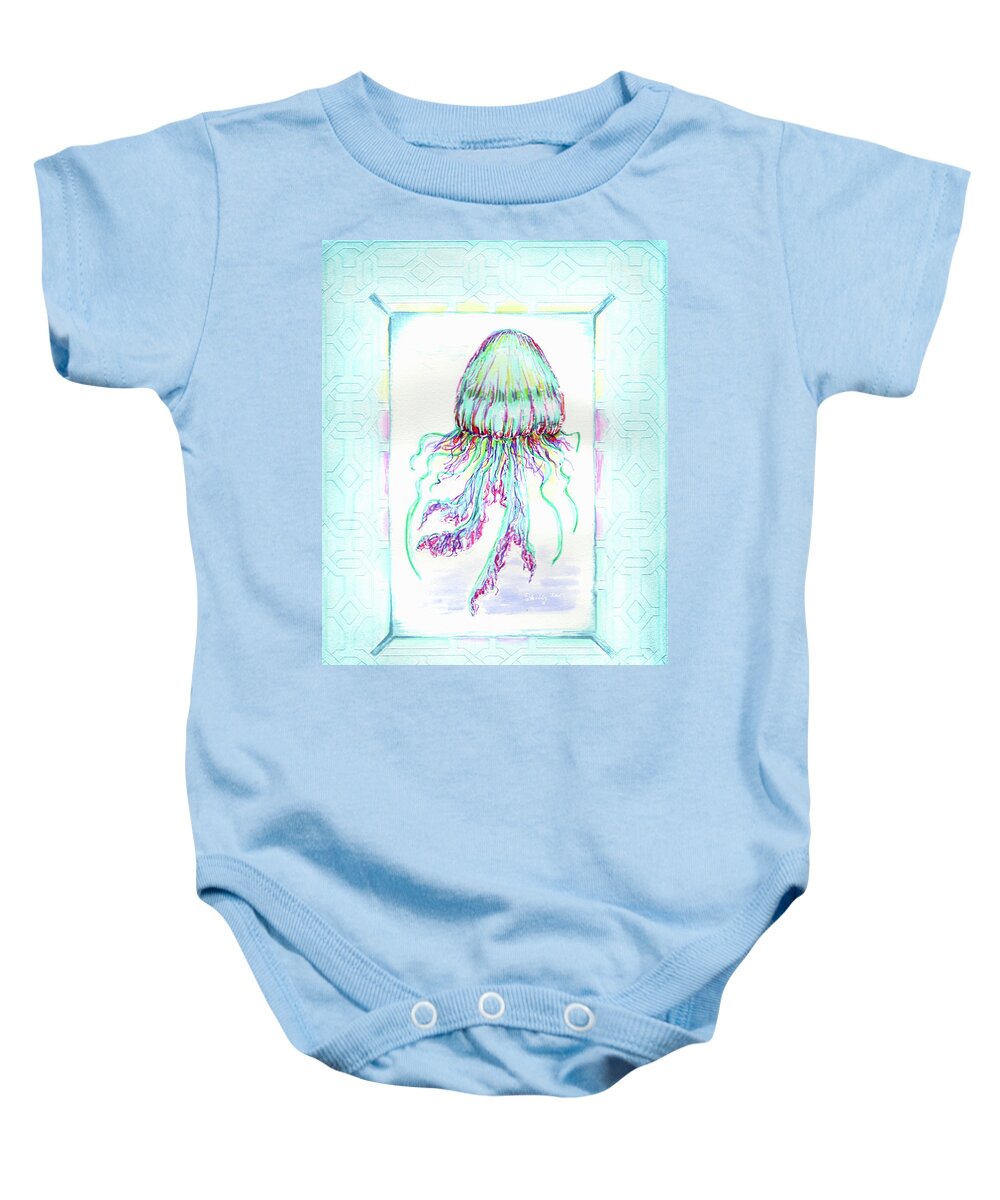 Jellyfish Baby Onesie featuring the painting Jellyfish Key West Teal by Shelly Tschupp