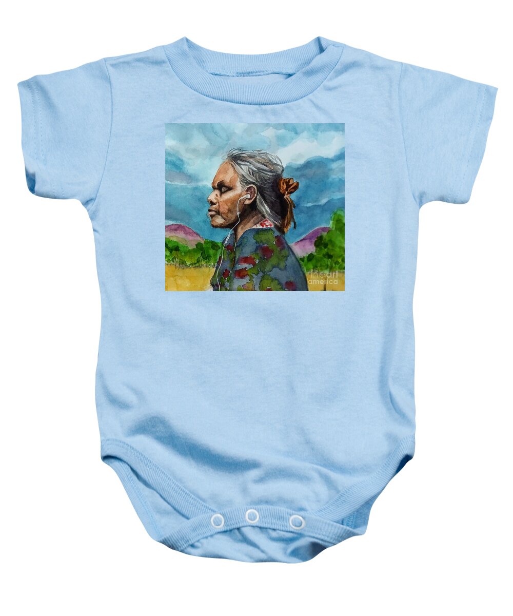 Aboriginal Woman Baby Onesie featuring the painting Juxtaposition by Vicki B Littell