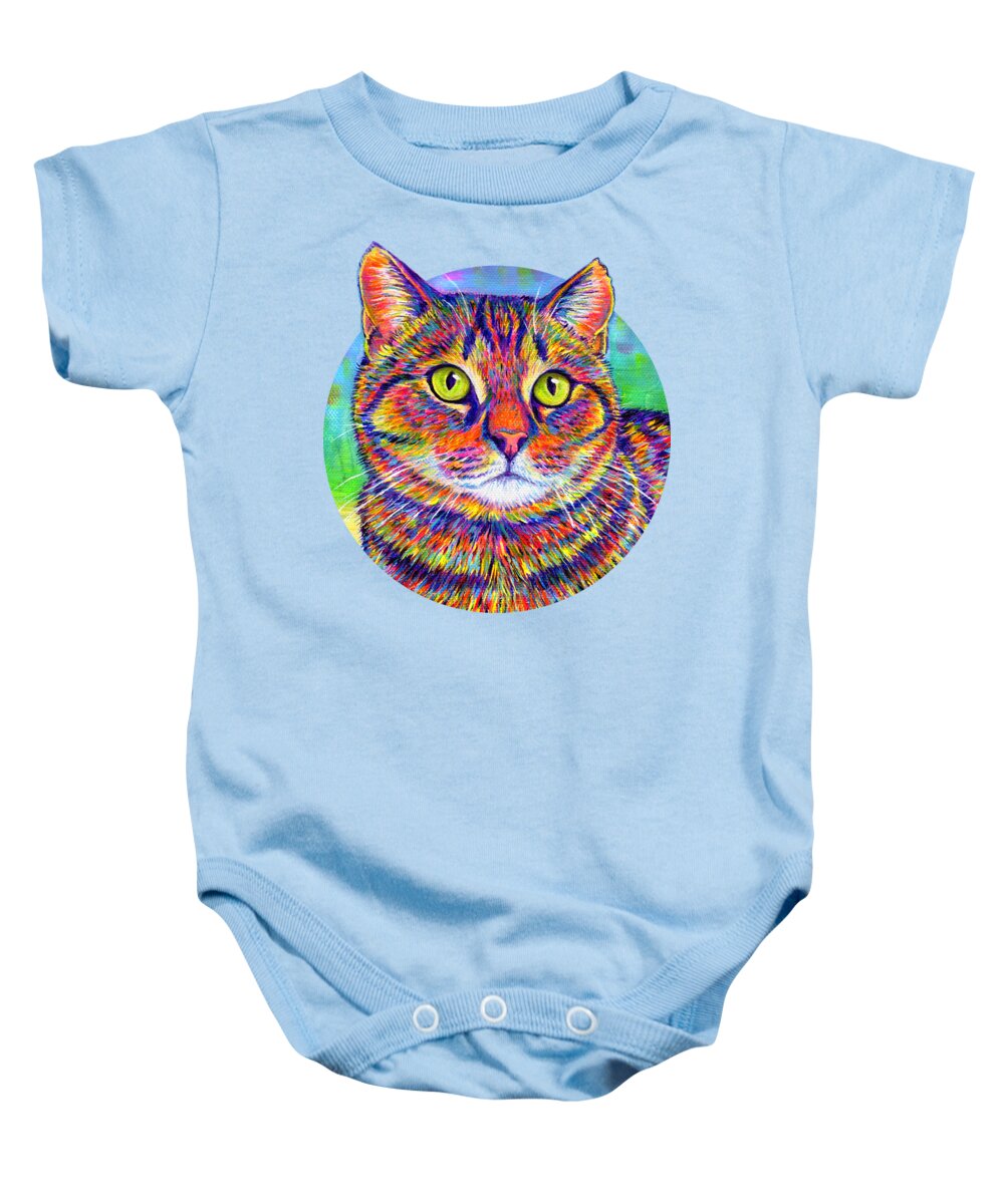 Brown Tabby Cat Baby Onesie featuring the painting Kevin the Colorful Brown Tabby Cat by Rebecca Wang