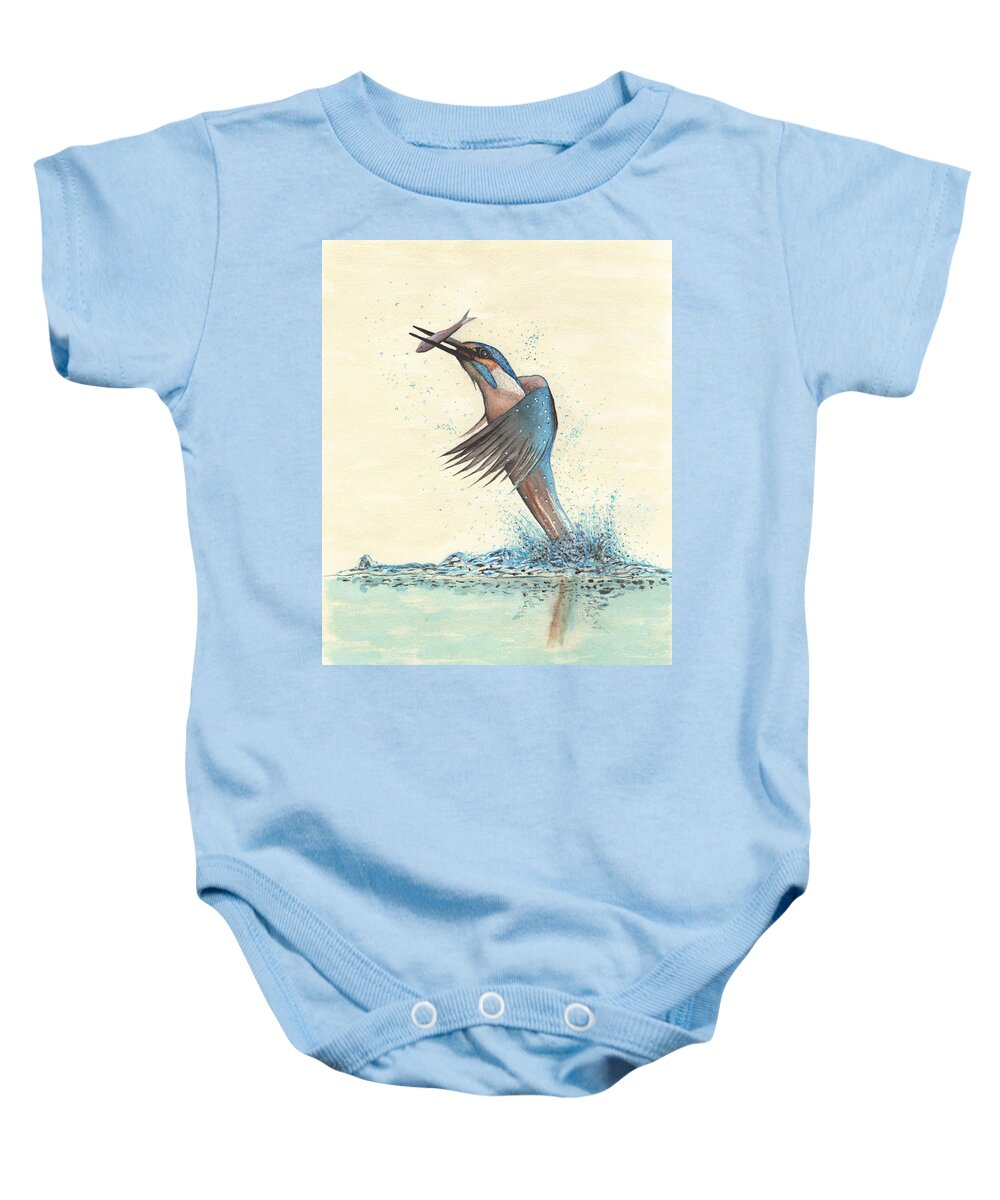 Kingfisher Baby Onesie featuring the painting Kingfisher in Action by Bob Labno