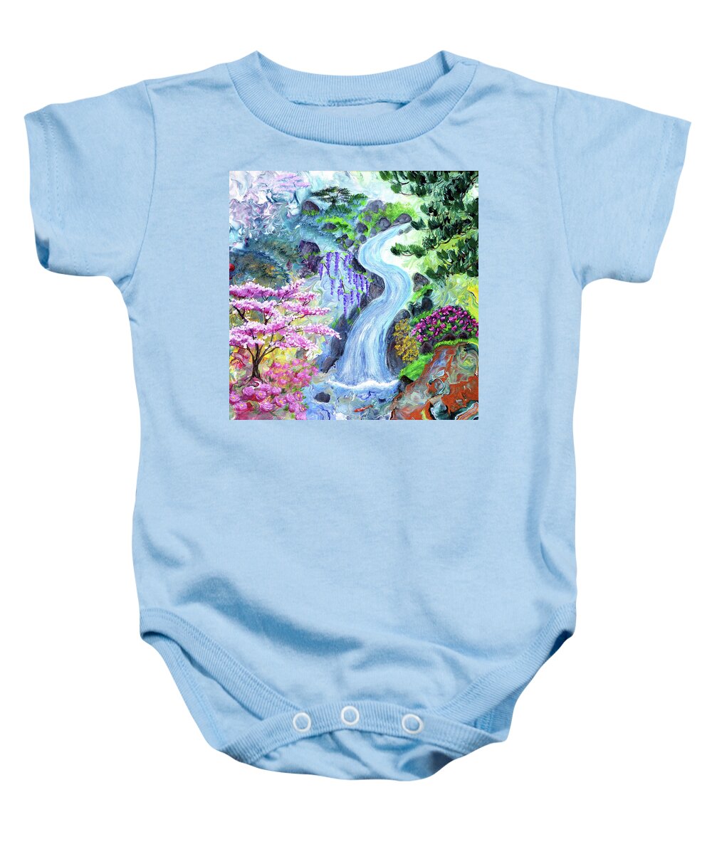 Sakura Baby Onesie featuring the painting Koi Beneath a Cascading Waterfall by Laura Iverson