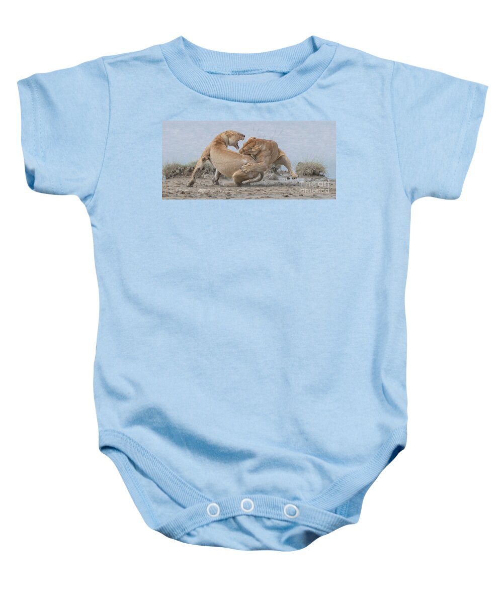 Lion Baby Onesie featuring the photograph Lion Fight by Patrick Nowotny