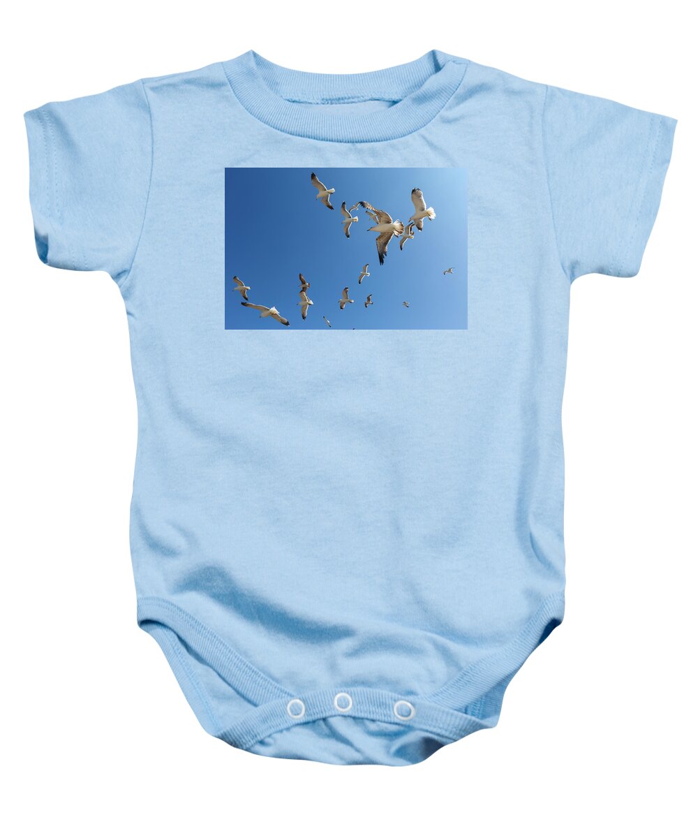 Sky Baby Onesie featuring the photograph Many seagulls fly against the blue sky by Mikhail Kokhanchikov