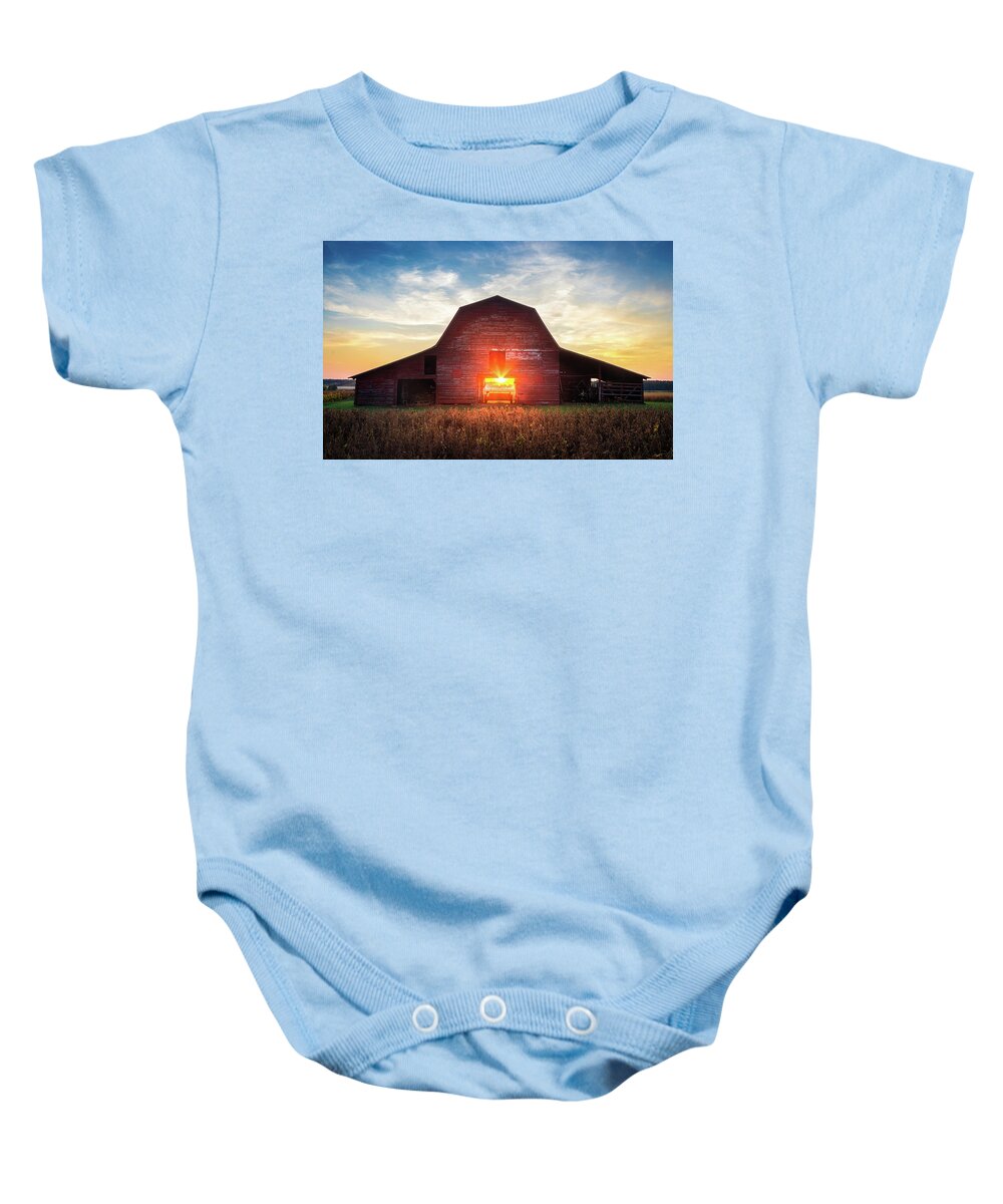 Barn Baby Onesie featuring the photograph Mississippi Farm Sunset Old Red Barn by Jordan Hill