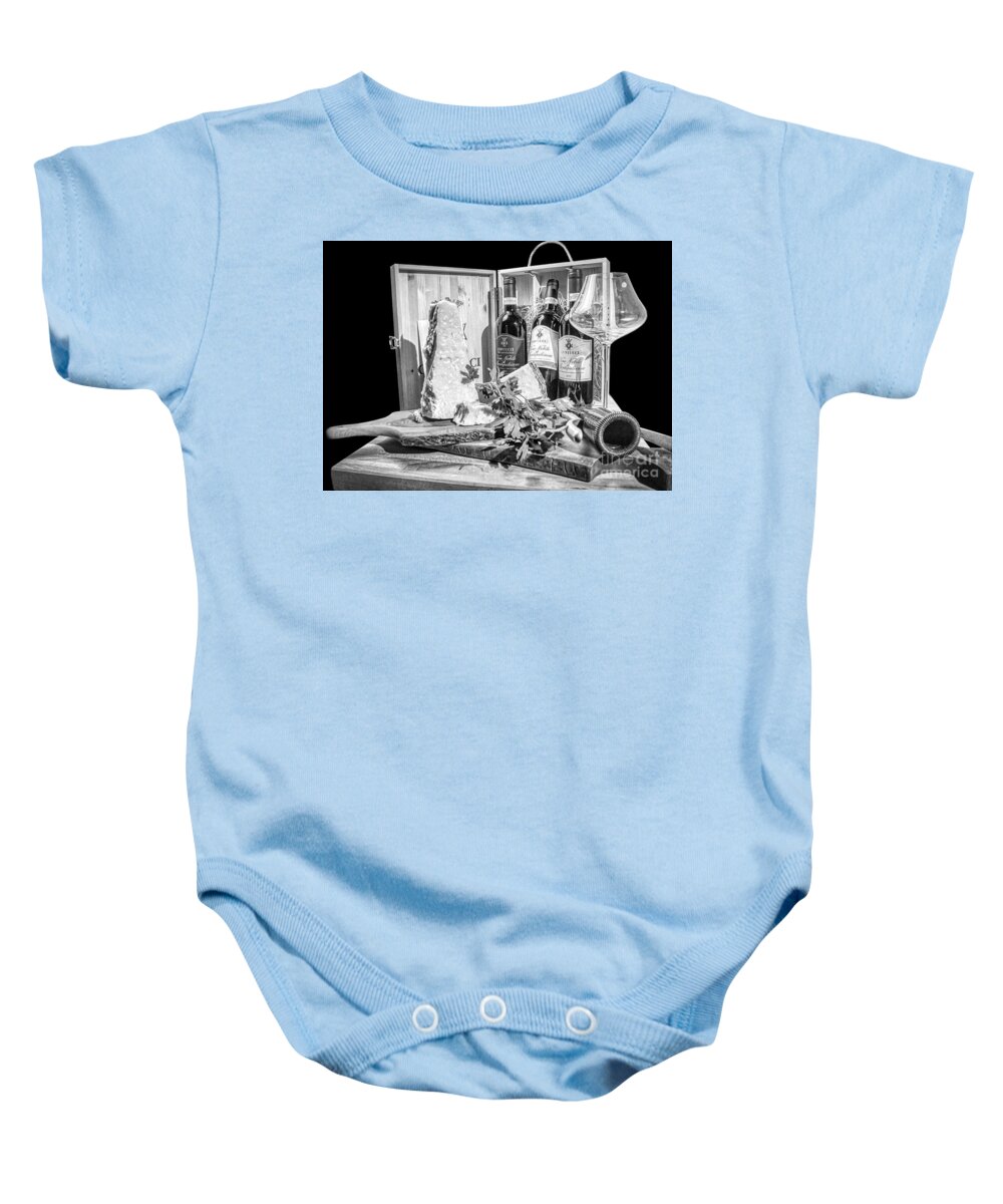Montepulciano Baby Onesie featuring the photograph Montepulciano d'Abruzzo red wine and Parmigiano -Tuscany BW by Stefano Senise
