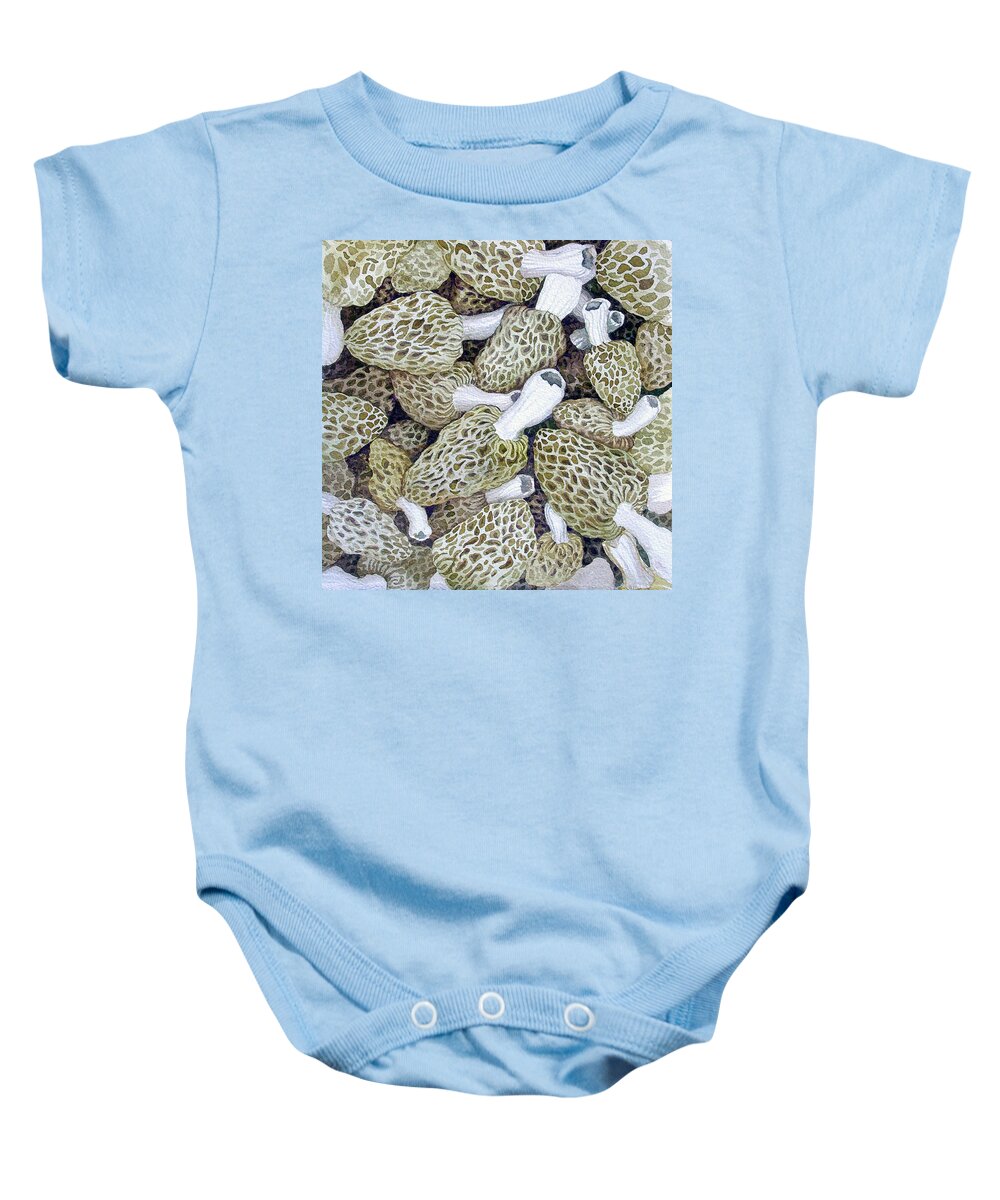 Morels Baby Onesie featuring the painting Morel Dilemma I by Helen Klebesadel