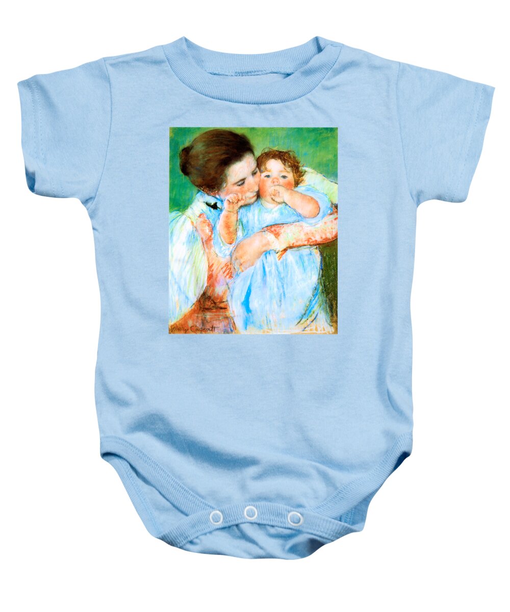 Marycassatt Baby Onesie featuring the painting Mother and Child against a Green Background 1887 by Mary Stevenson Cassatt