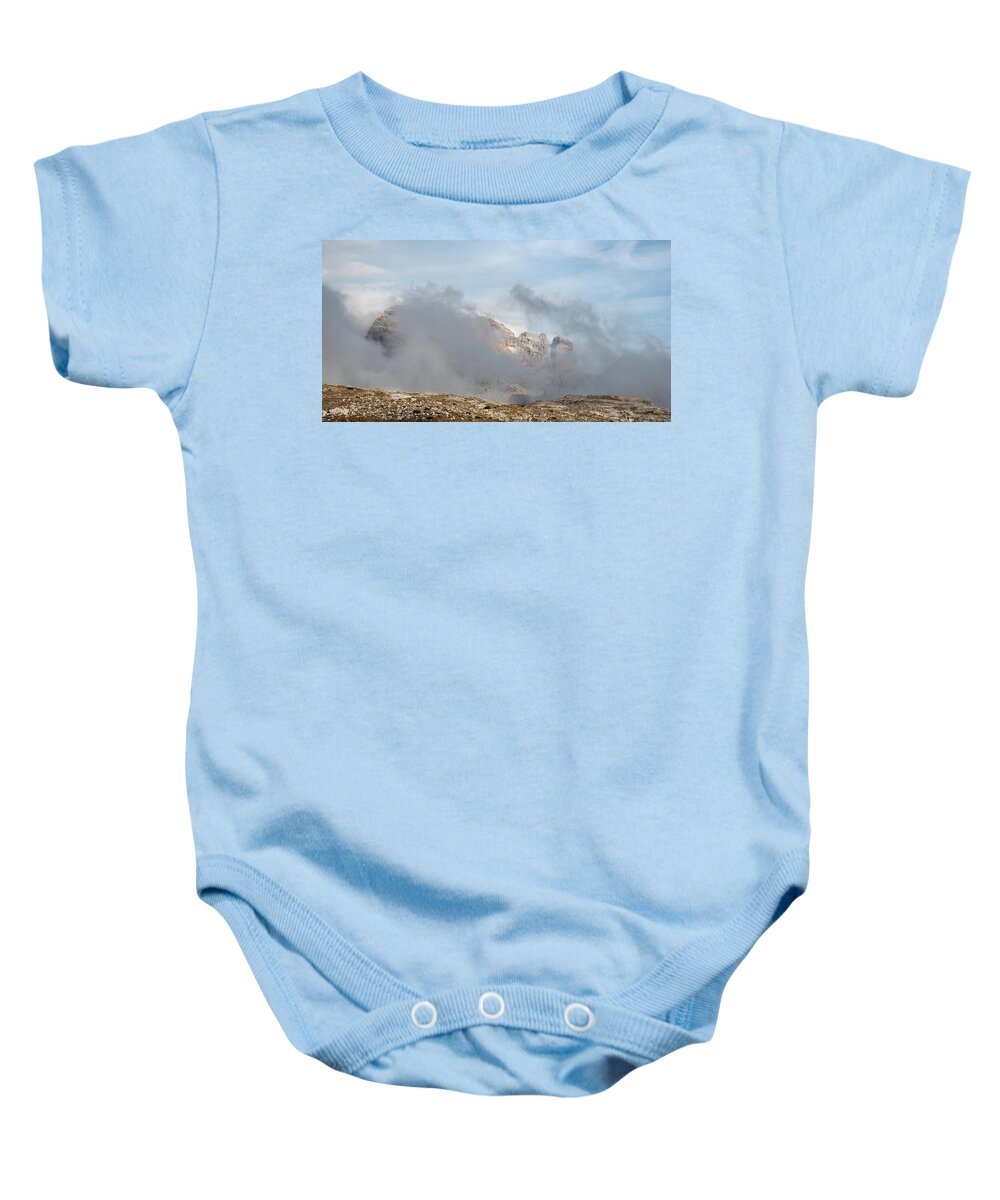 Italian Alps Baby Onesie featuring the photograph Mountain landscape with fog in autumn. Tre Cime dolomiti Italy. by Michalakis Ppalis