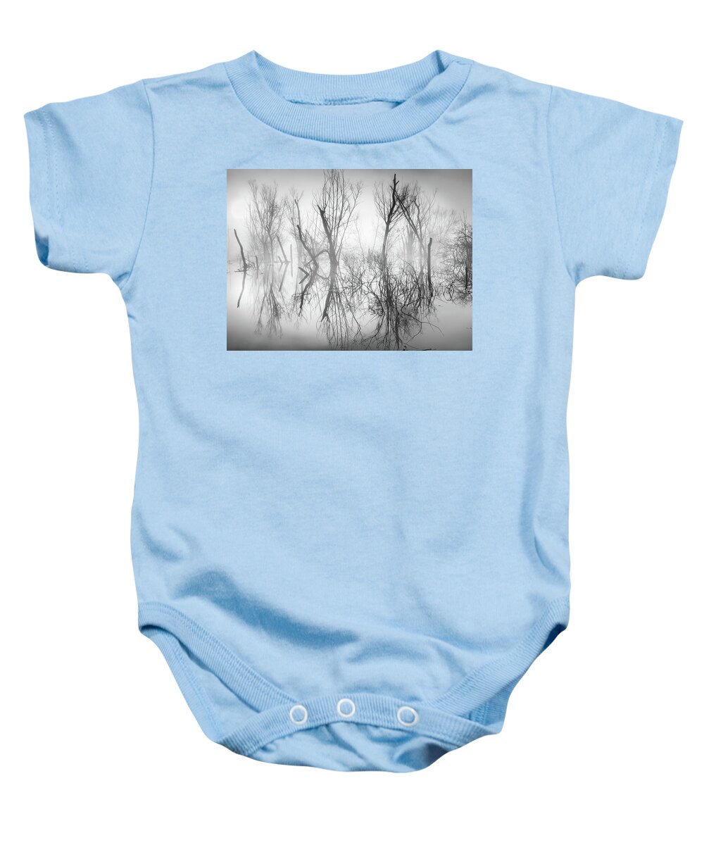 Abstract Baby Onesie featuring the photograph Mystical Lake In Black And White by Jordan Hill