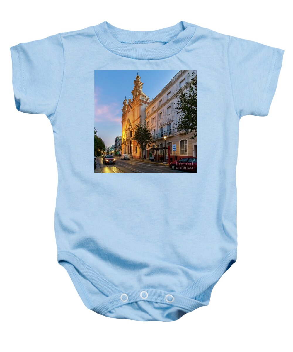 Catholicism Baby Onesie featuring the photograph Night View of del Carmen Church in Alameda Apodaca Cadiz Andalusia by Pablo Avanzini