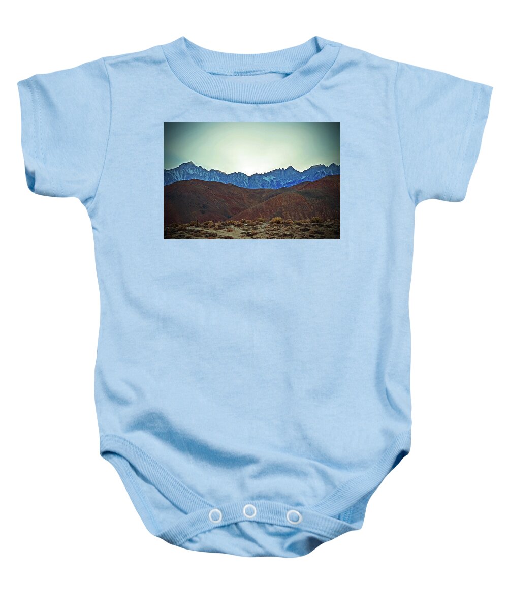 In Focus Baby Onesie featuring the digital art Northeast California Mountains by Fred Loring